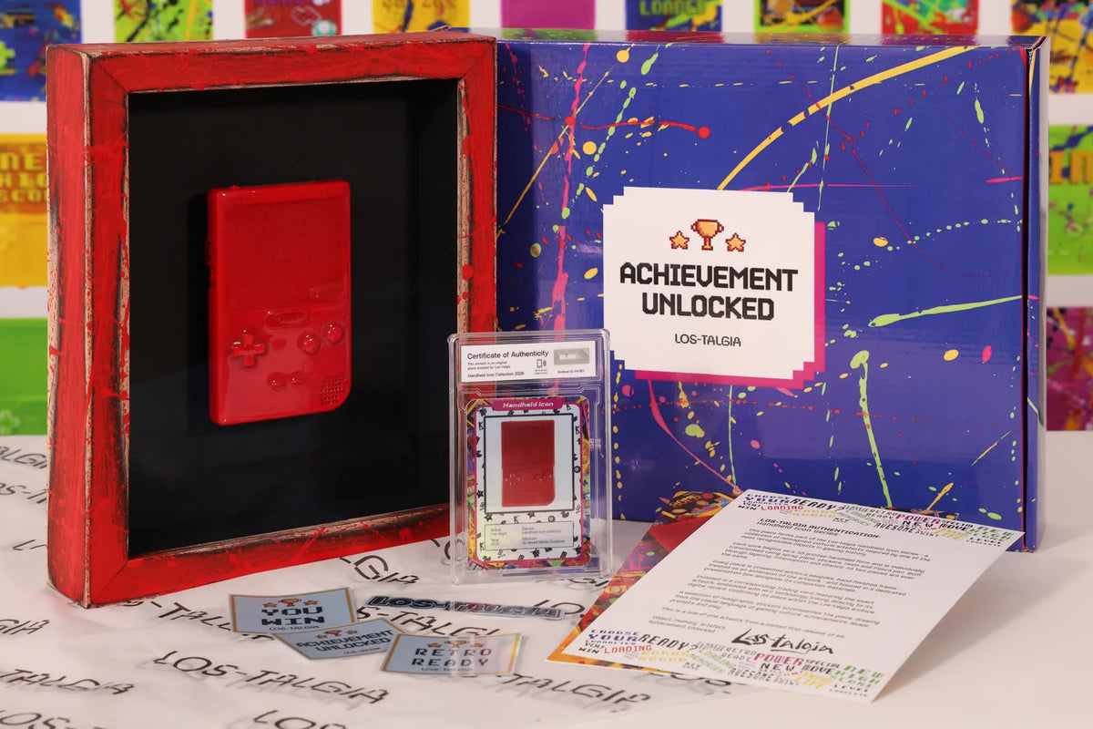 HI-001 photographed from the front: the framed piece with its certificate card, presentation box, stickers and authentication sheet.