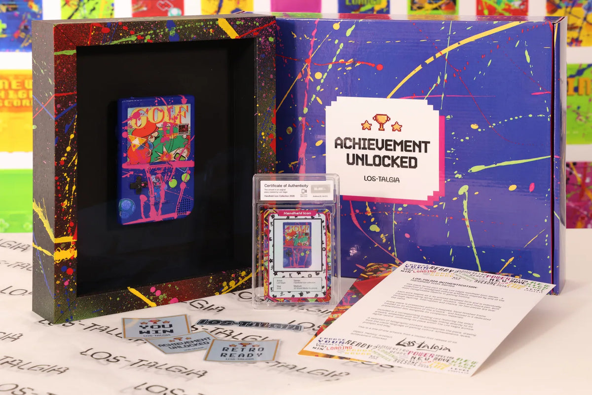 HI-015 photographed from the front: the framed piece with its certificate card, presentation box, stickers and authentication sheet.