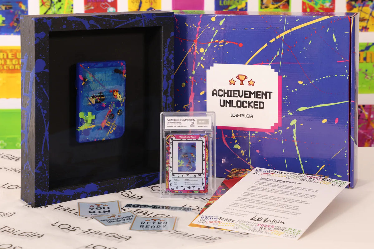 HI-010 photographed from the front: the framed piece with its certificate card, presentation box, stickers and authentication sheet.