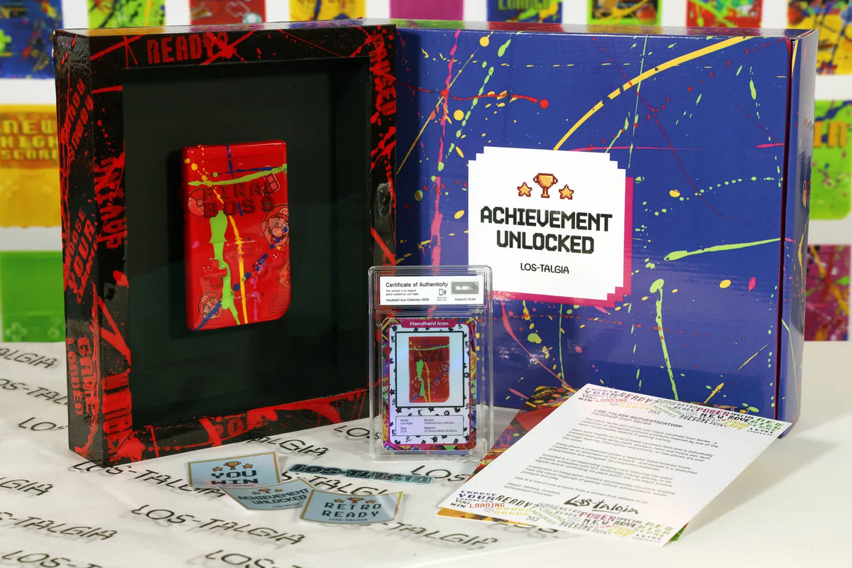 HI-045 photographed from the front: the framed piece with its certificate card, presentation box, stickers and authentication sheet.