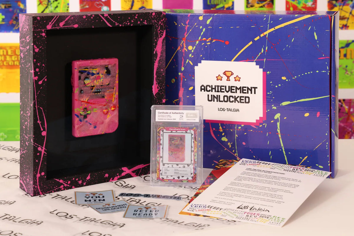 HI-009 photographed from the front: the framed piece with its certificate card, presentation box, stickers and authentication sheet.