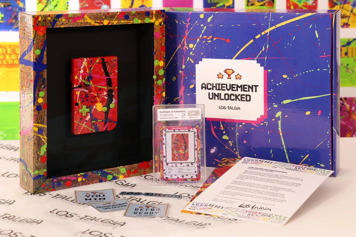 HI-016 photographed from the front: the framed piece with its certificate card, presentation box, stickers and authentication sheet.