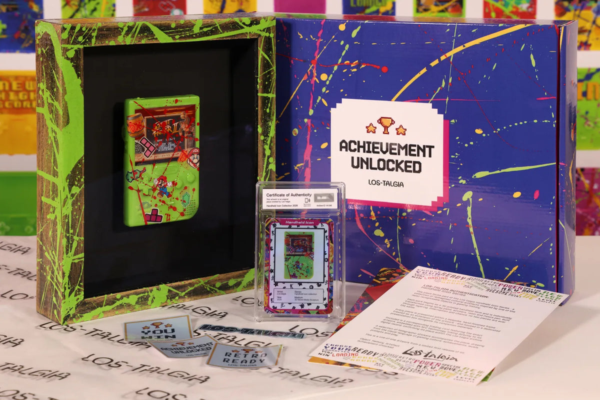 HI-048 photographed from the front: the framed piece with its certificate card, presentation box, stickers and authentication sheet.