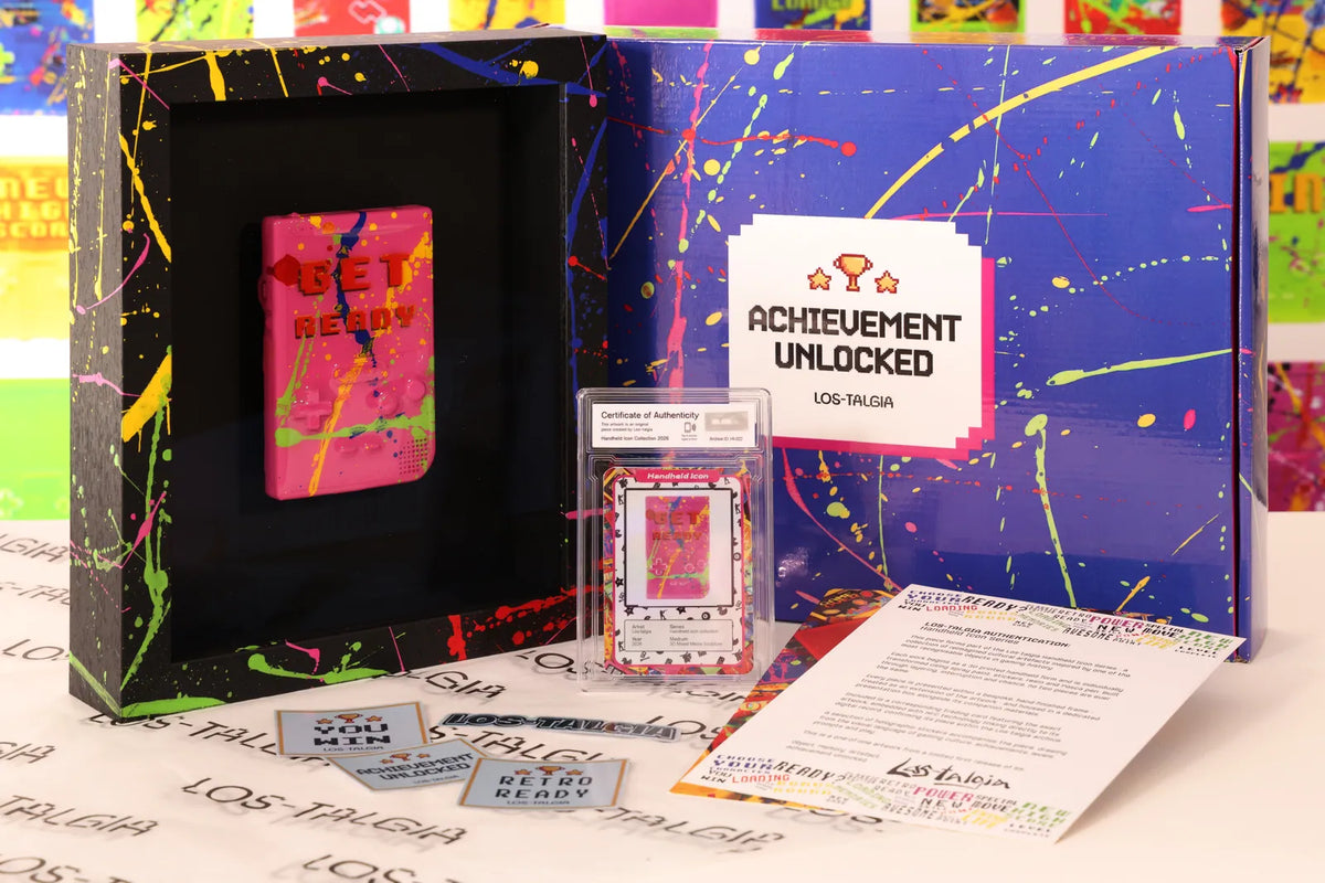 HI-022 photographed from the front: the framed piece with its certificate card, presentation box, stickers and authentication sheet.