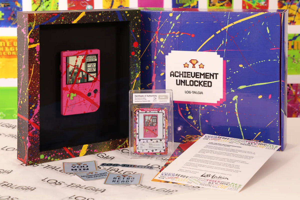 HI-014 photographed from the front: the framed piece with its certificate card, presentation box, stickers and authentication sheet.
