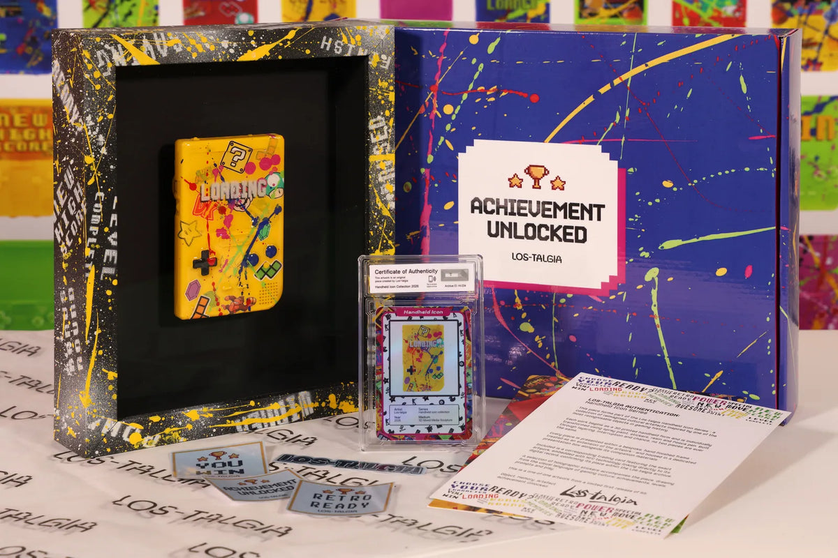 HI-034 photographed from the front: the framed piece with its certificate card, presentation box, stickers and authentication sheet.
